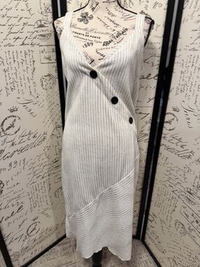 Zara White Pinstripe Midi Dress with Black Button Detail